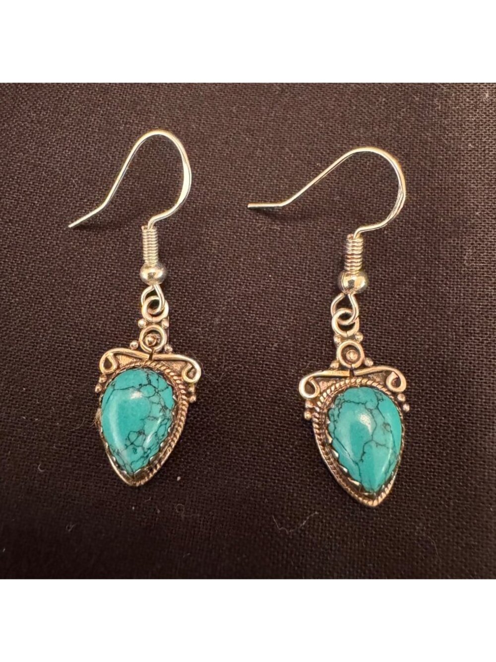 Sterling Silver 925 Turquoise Scroll Design Dangle Earrings Size 1.25" Length